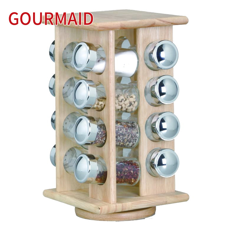 Manufactur standard Acacia Wood Cutlery Holder - 16 jars wooden rotating spice rack – Light Houseware