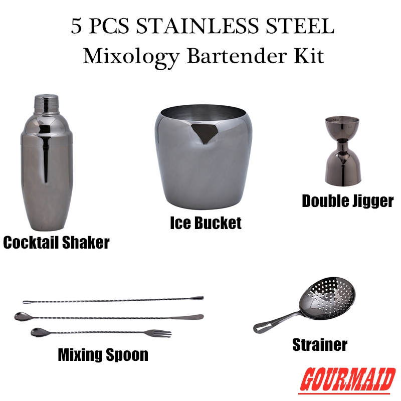 Sett ta' Shaker tal-Cocktail tal-Kit tal-Bartender Plated Gunmetal