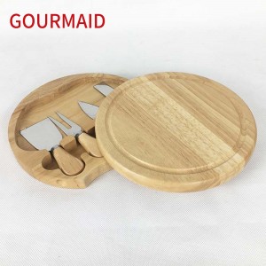 round wooden cheese board and cutter