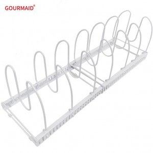 Organizador ajustable para ollas y sartenes.