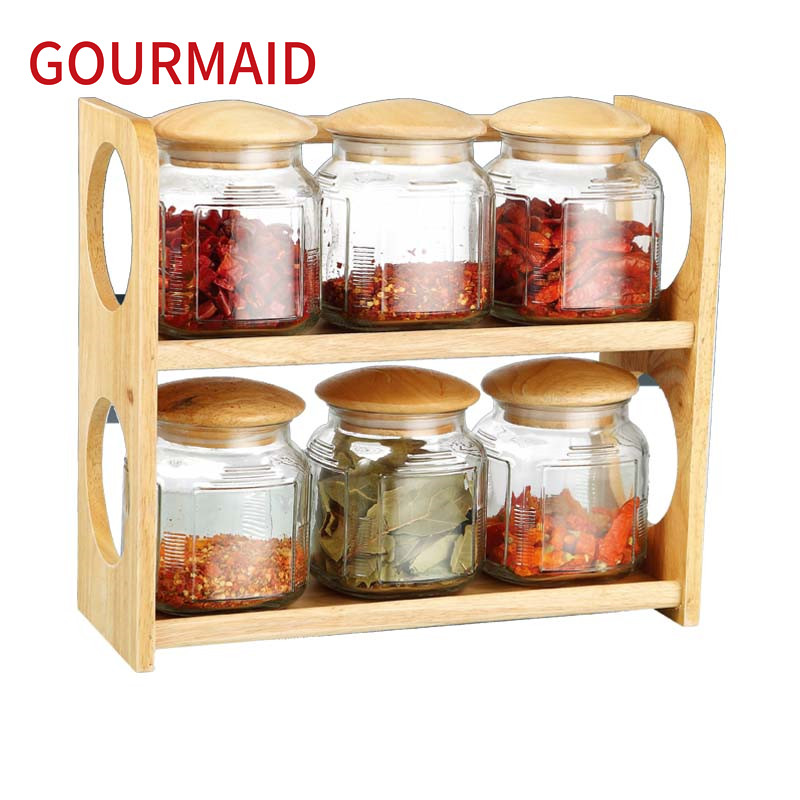 China Cheap price Kitchen Tools - 6pcs glass canisters and wooden rack  – Light Houseware