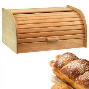 Brødbøtte av tre med lokk på rulle