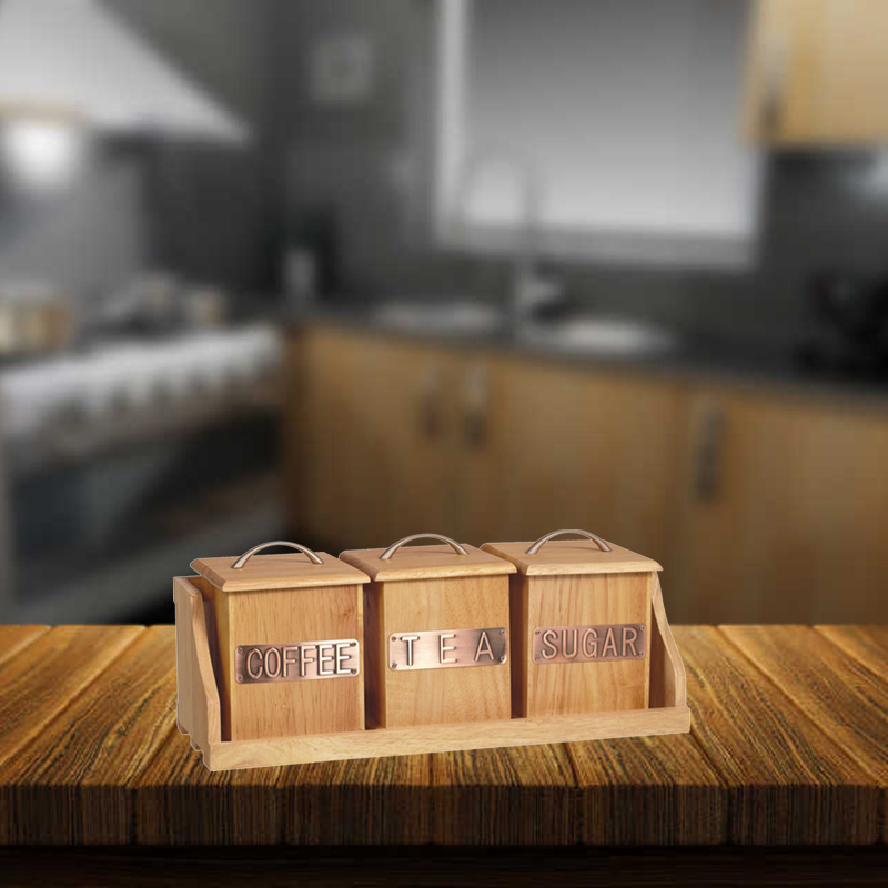 3D gengivelse af et træbord med et køkken i baggrunden